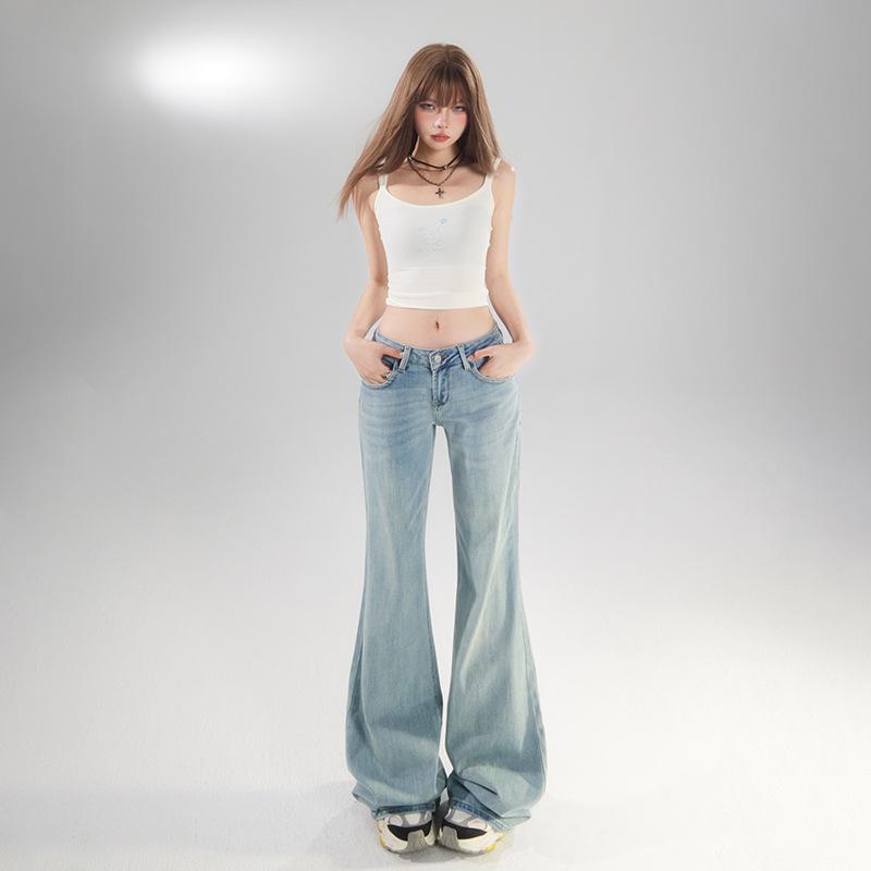 Low-rise slightly pulled jeans women's spring and autumn new Spice Girl light blue elastic and thin horseshoe flared floor pants