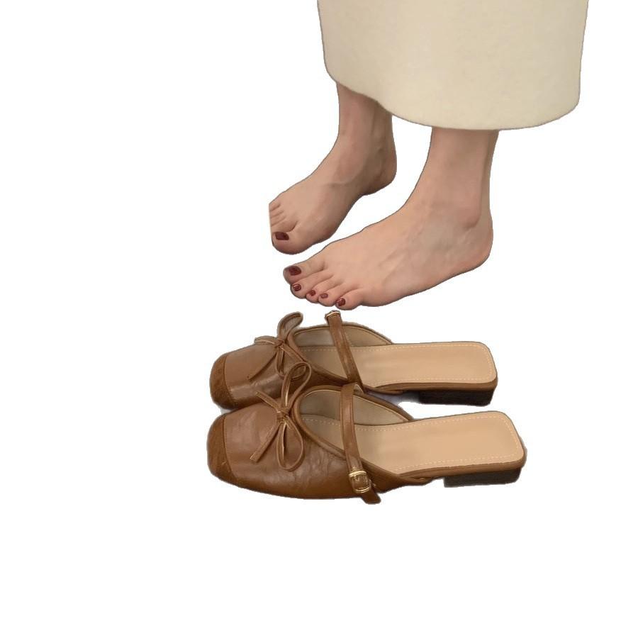French Flat-bottomed Evening Wind Bag Head Half Slippers Women's Outer Wear Summer One-pedal Bow Square Head Muller Shoes Sandals