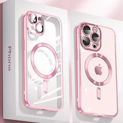 Прозрачный ультратонкий силиконовый чехол с покрытием для iPhone 16 15 14 13 12 11 Pro Max 16 Plus Magsafe Magnetic Lens Film Protective Cover Pink