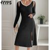 Women's Fashion Spring Fall Solid Color Print Long Sleeve V-Neck High Waist Casual Dresses