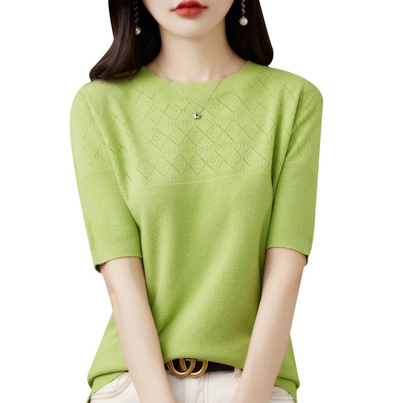 Spring Women's T-shirt Round Neck Knitted T-shirt Solid Colour Hollow Out Tops Knitwear