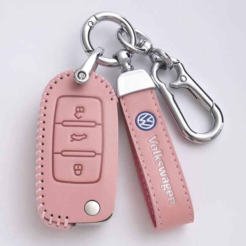 Valve Stems Caps For VOLKSWAGEN VW Leather Car Remote Key Case Cover Protection Holder Shell Fob For VW Volkswagen Golf 7 MK7 Ti PY2
