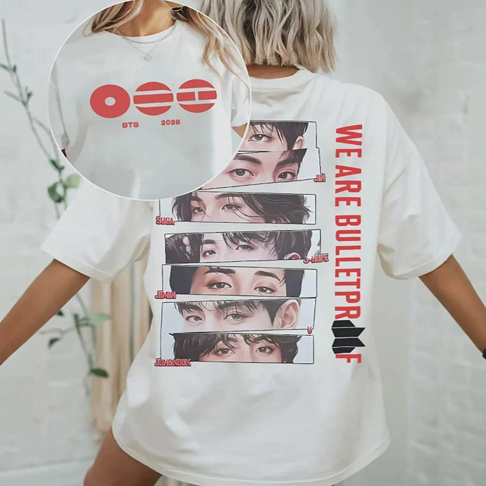 Kpop BTS Тур 2026 Концертная Футболка "Мы Пуленепробиваемы" Графическая Футболка, Иллюстрация Глаз Участников Напечатанная Короткий Рукав Оверсайз Футболка для Арми