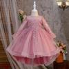 Children's Long Sleeve Evening Dress with Appliqué Mesh Puff Skirt