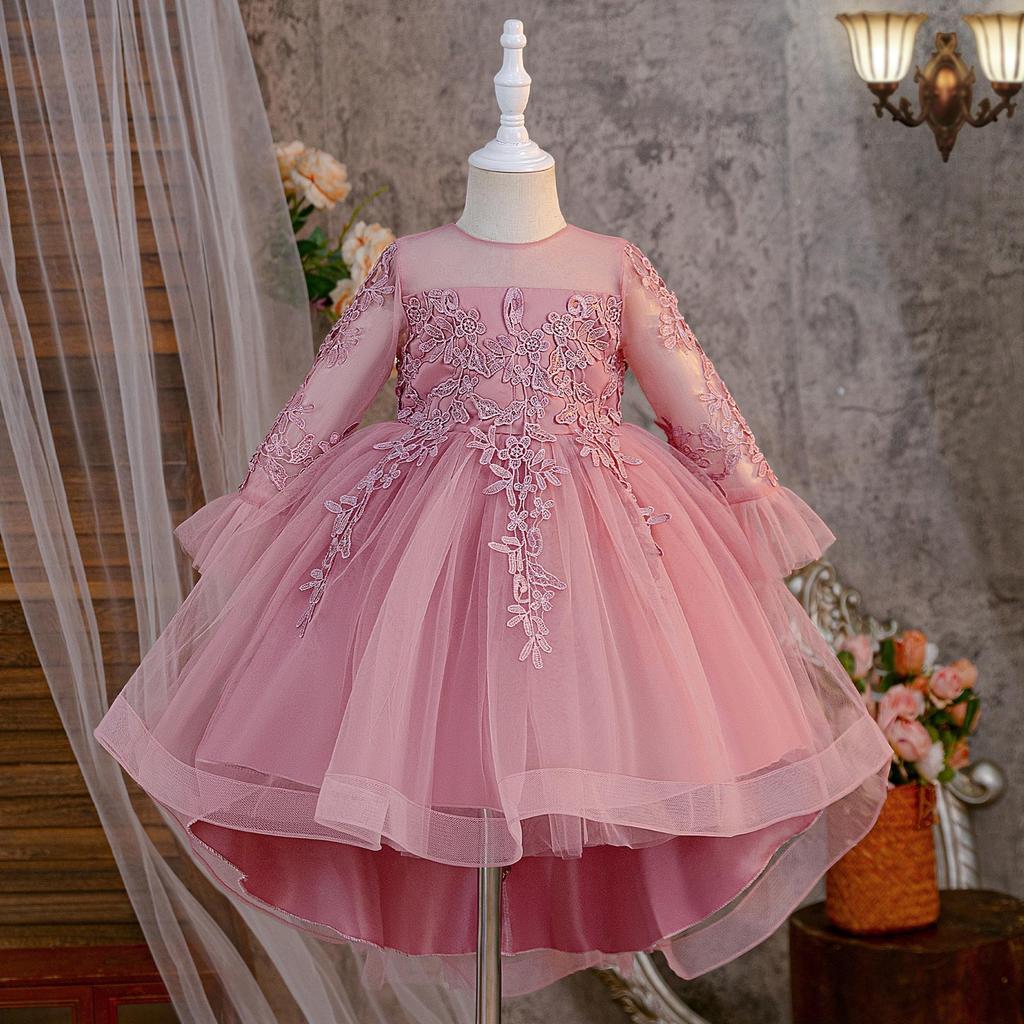 Children's Long Sleeve Evening Dress with Appliqué Mesh Puff Skirt