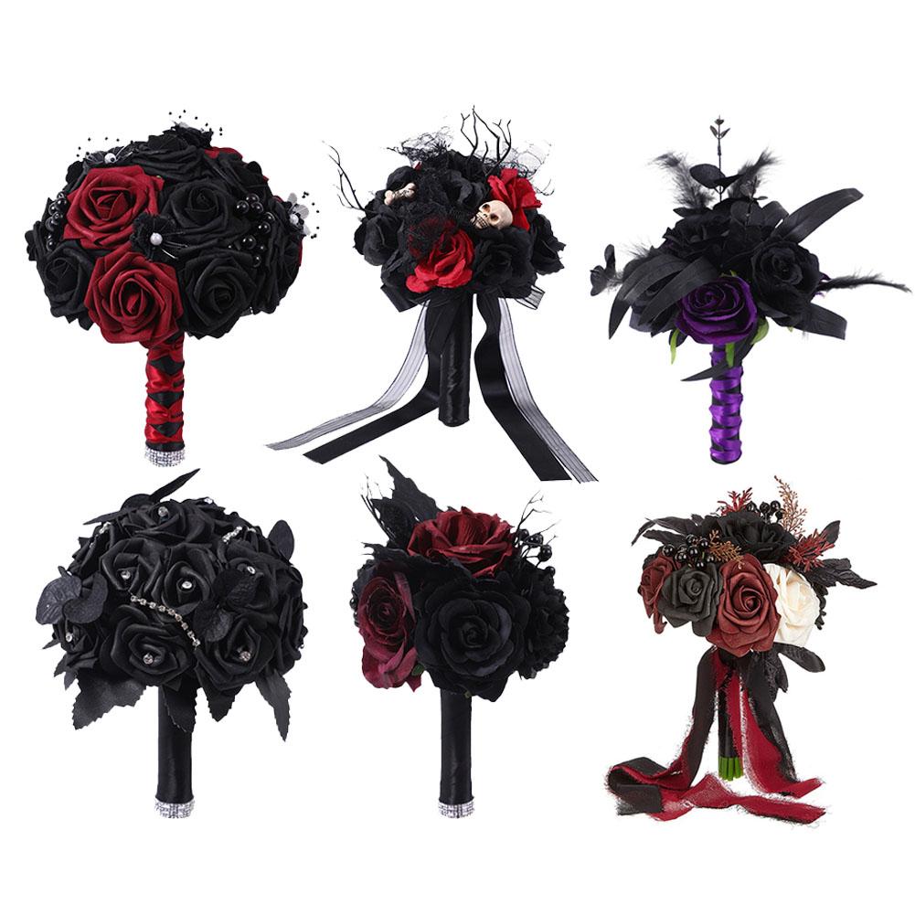 Black Burgundy Gothic Bridal Bouquets for Bride Bridesmaids Artifiicial Silk Foam Roses Flower Wedding Bouquet Halloween E2W5