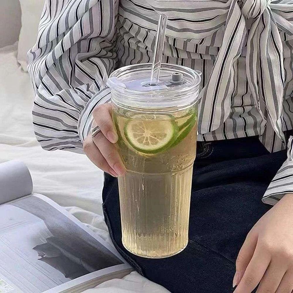 600ml Drinkware Stripe Glass Cup With Lid and Straw Water Cup Fashion Straw Cup for Juice Milk Tea