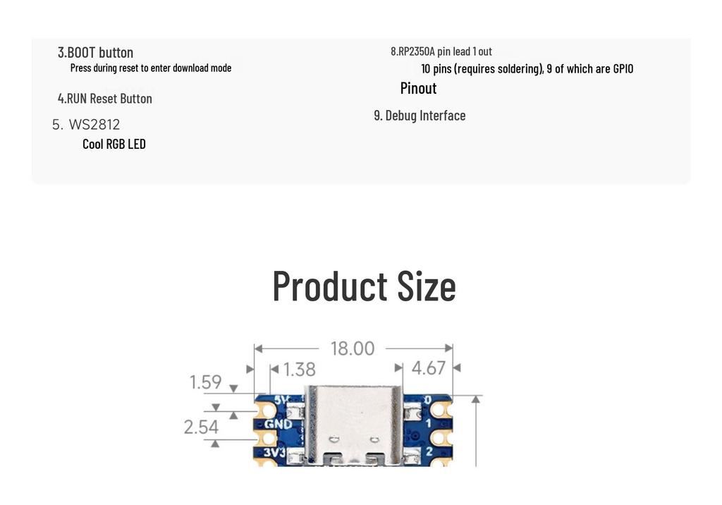 RP2350-Zero Dev Board: Raspberry Pi RP2350 with Optional Pin Headers for Unused IO