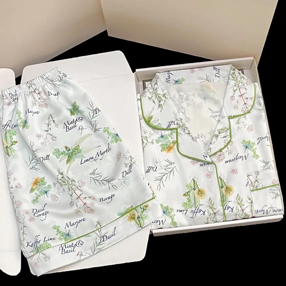 Plants Flowers Fresh Print Women's Sleepwear Summer New Female Two Piece Pajama Sets Classy Short Sleeve Shorts Homewear