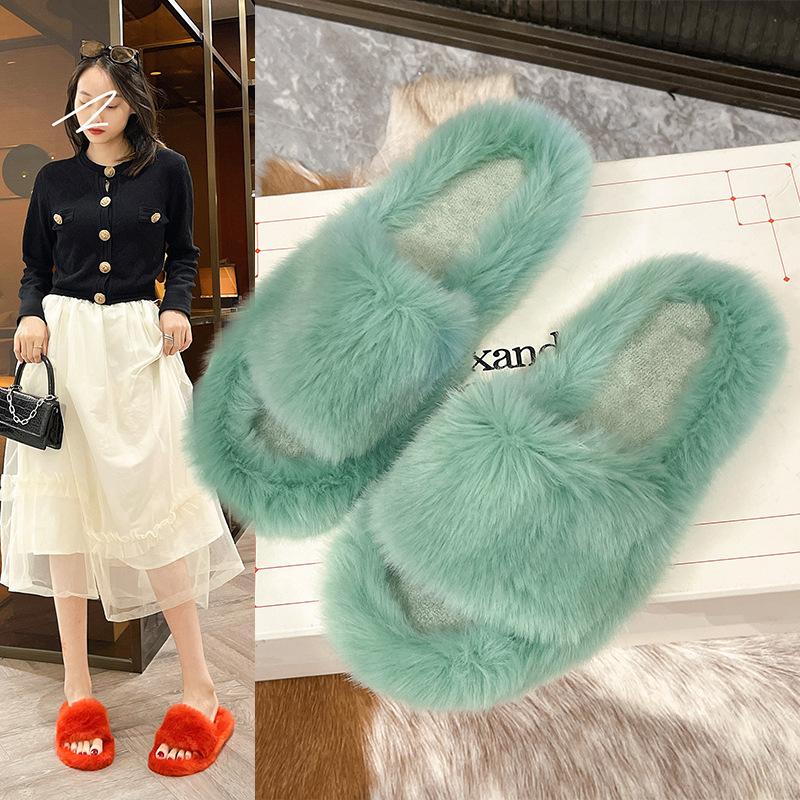 Mao Mao Slippers Women's Outer Wear 2025 New Korean Version of Rabbit Fur Shoes Autumn and Winter Household One-word Flat-bottomed Home Cotton Slip