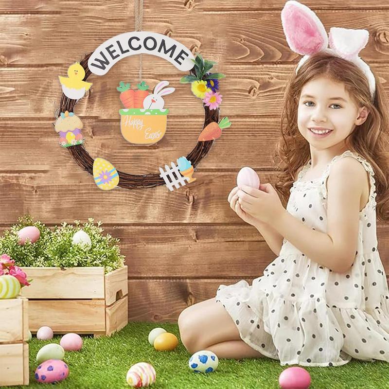Easter Welcome Door Sign Welcome Sign For Front Door Easter Hangable Decorations Rattan Wreath Ornament Farmhouse Home Decor For