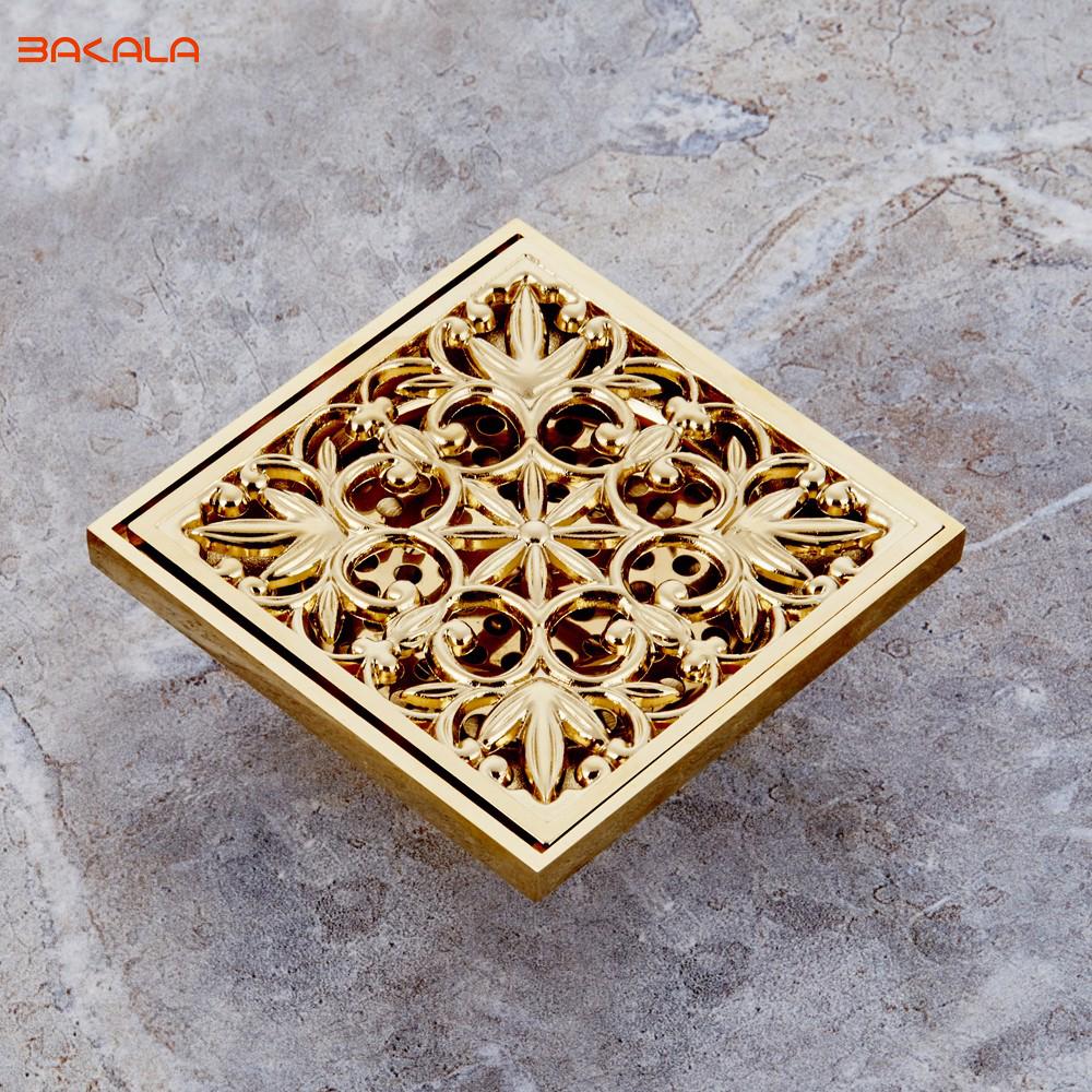 BAKALA Luxury Bathroom Floor Washer Drain Cover Engraving Floor Drains Stoppers Drainer Strainer Gold Finish 4 Inch for Choose