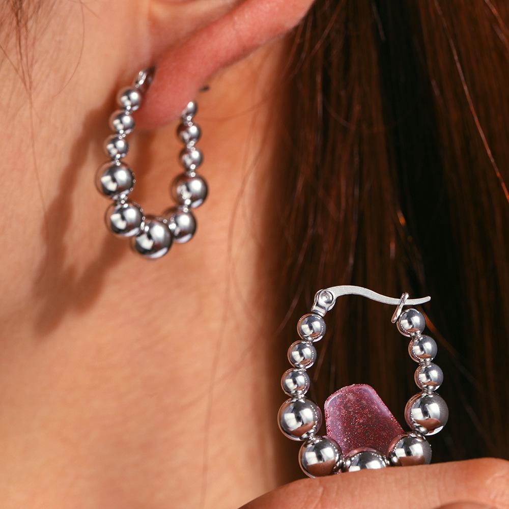 Geometric Stainless Steel Beaded Hoop Earrings for Women Ladies Classic Temperament Earrings Buckle Banquet Jewelry Accessories