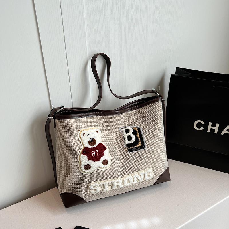 Винтажная сумка-тоут с рисунком медведя, большая вместимость, женская сумка через плечо, модная универсальная школьная сумка для девочек-подростков