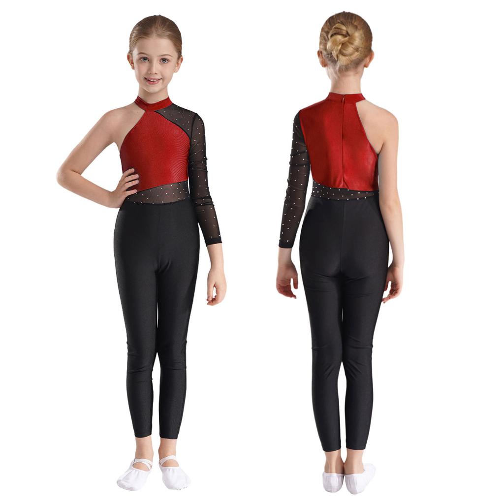 Girls One Mesh Sleeve Full Body Cover Jumpsuits Gymnastics Ballet Modern Dance Uniform Unitard Ice Skating Competition Costume