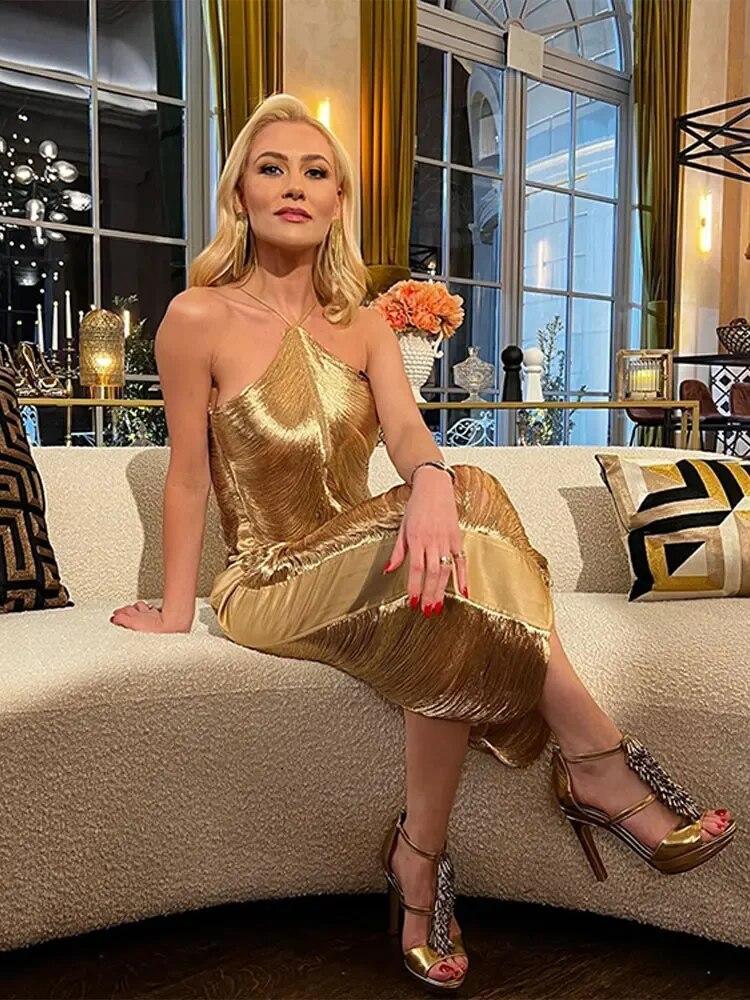 Женское элегантное блестящее металлическое платье-миди с лямкой на бретельках, женское облегающее платье без рукавов с открытой спиной, длинные платья, женские вечерние клубные вечерние халаты
