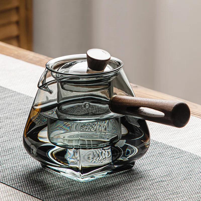 Transparent Glass Teapot Wooden Handle Single Pot Tea Kettle Filter Pot Tea Infuser Boiling Teapot Teas Brewing Utensils Teaware