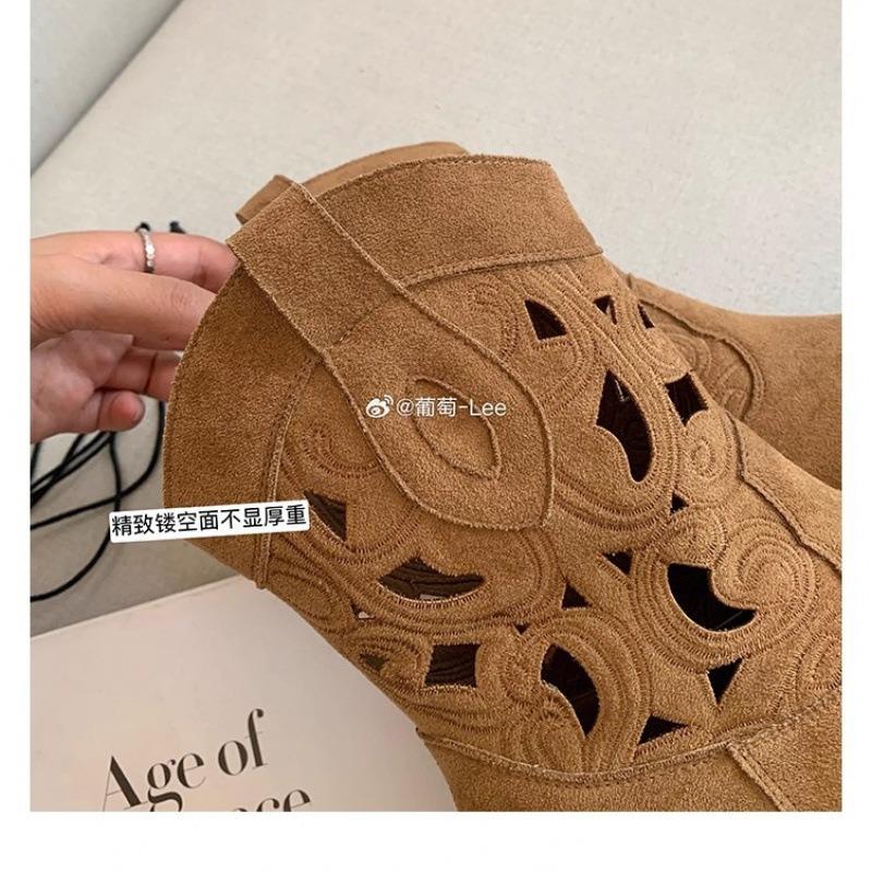 Cowhide Version~ Short Boots Women's Western Cowboy Boots Embroidered Hollow Women's Thick Heel Mouth Thick Sole Retro Knight Boots Women