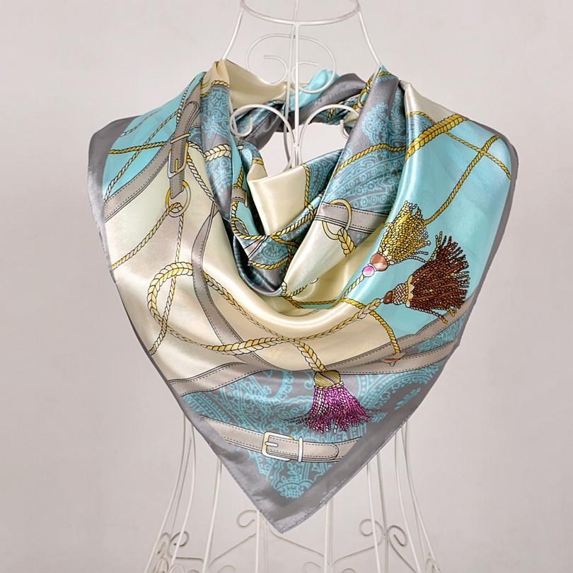 [BYSIFA] New Blue Pure Silk Satin Scarf Shawl Women Brand Floral Design Large Square Scarves Elegant Muslim Ladies Head Scarf