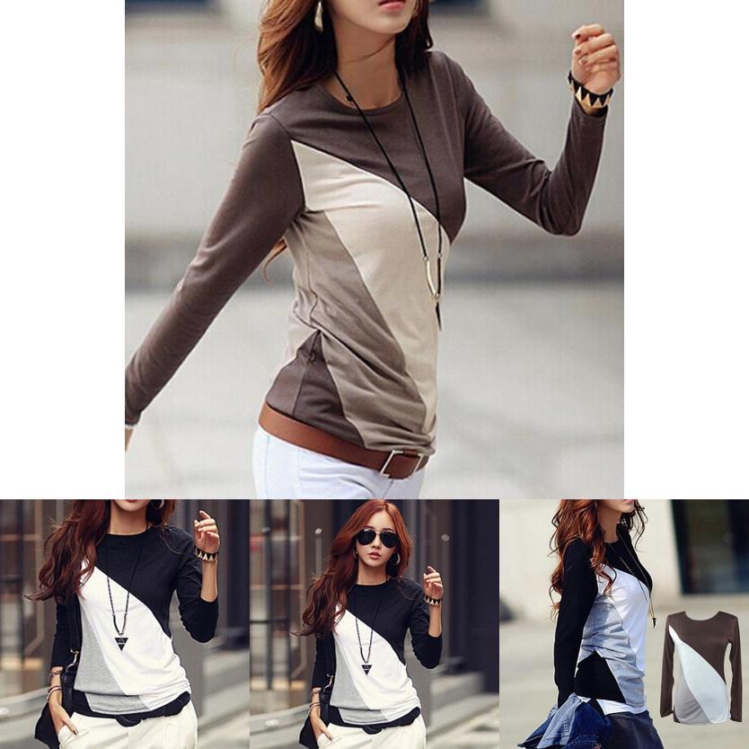 Korean Fashion Women Style Autumn Slim Fit Color Block Blouse Long Sleeve Shirt