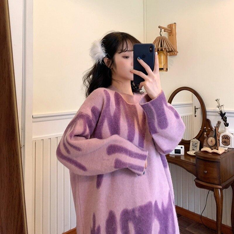 Striped Tie Dyed Pullover Knitted Sweater Women Autumn Long Sleeve Loose Sweaters Casual Winter Wool Jumpers Women 28391