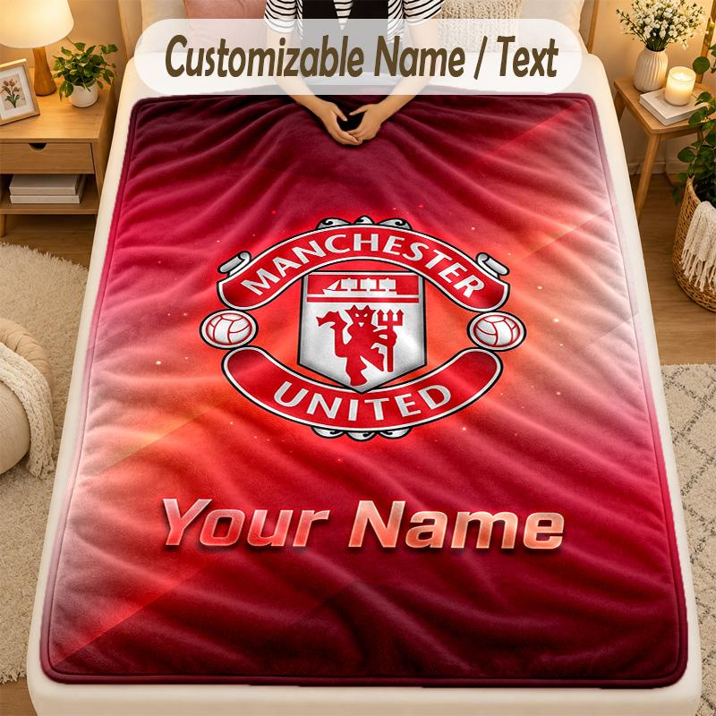 Flannel BlanketManchester United Custom Name Text Personalized Soft Warm Throw Blanket Home Decor Gift