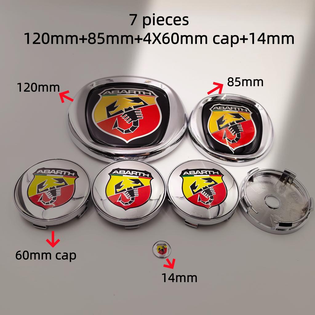 7pcs fiat Abarth Car Hood Front Bonnet Grill Rear Trunk Emblem Logo Badge 85/95/100/120mm Car Wheel Center Caps Hubcap Cover