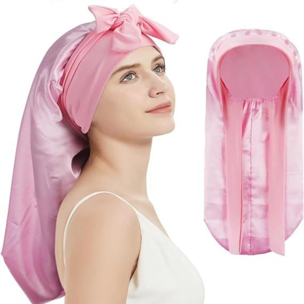 Silky Satin Sleep Bonnet Extra Large Sauna  Shower Caps Solid Color Women Long Sleep Cap