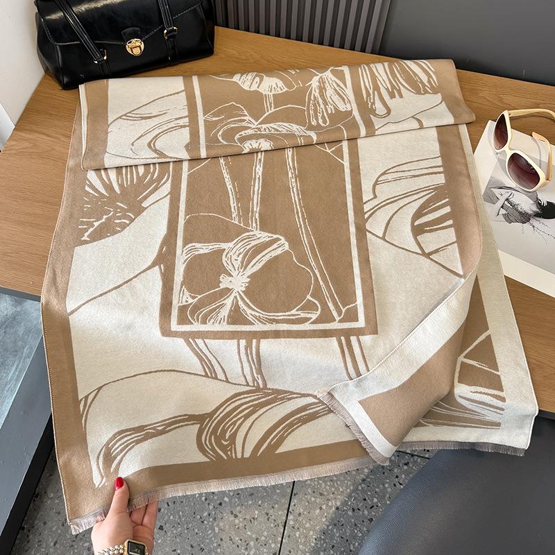 Retro Printing Contrasting Colors Double-sided Imitation Cashmere Scarf Winter High-end Warm Shawl Women