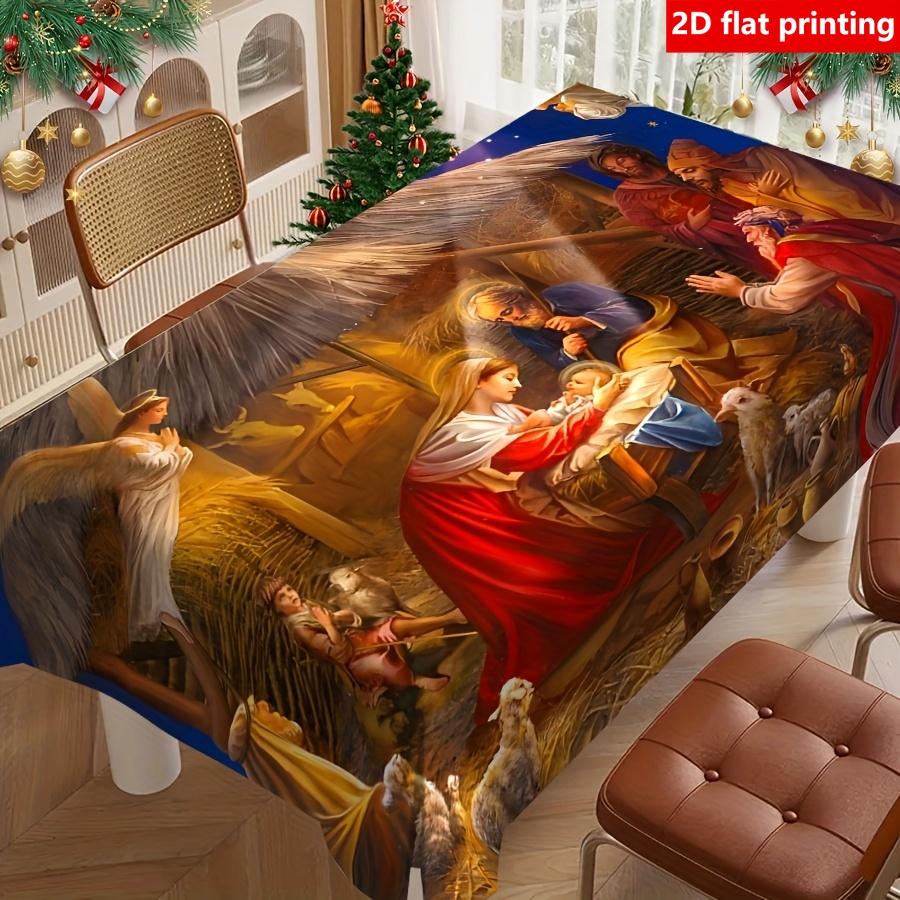2D плоская печать, 1 шт. Рождественская скатерть, Прочная полиэстеровая скатерть, Дизайн с изображением Рождества Христова, Прямоугольная праздничная скатерть, Подходит для домашнего Ki