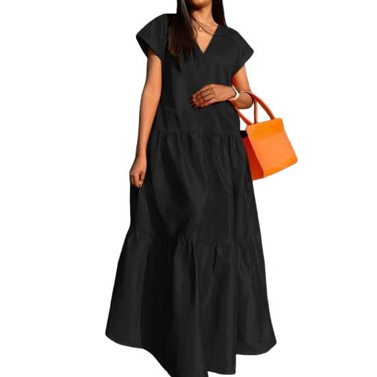 Women Summer Dress Loose V-neck Patchwork Short Sleeves Party Wearing A-line Full Length Lady Maxi Dress Female Clothes
