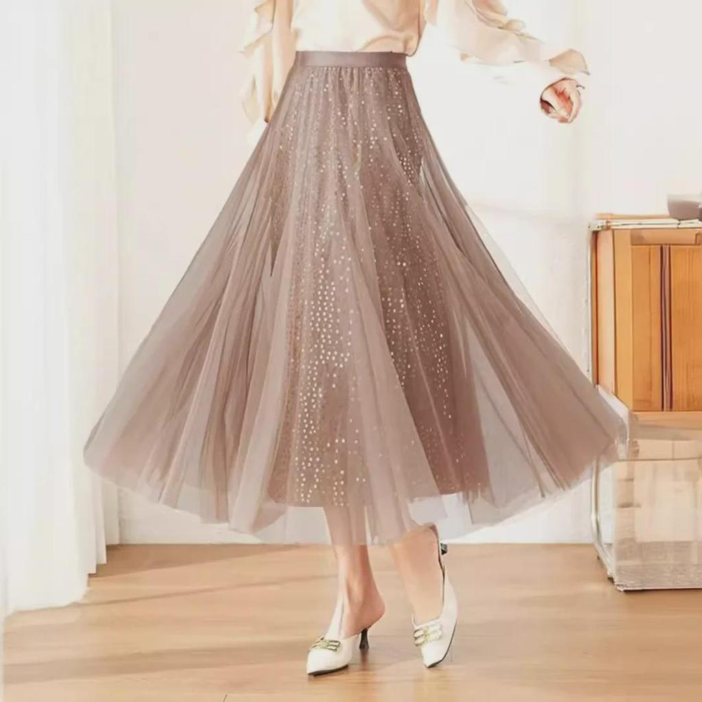 Trendy High-Waisted Sequin Mesh Midi Skirt for Spring/Summer