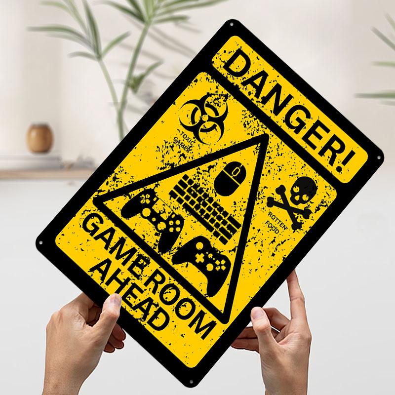 Gamer Room Danger Sign Tinplate Poster Customized Wall Art Vintage Retro Metal Signs for Aesthetic Decoration At Home Man Cave