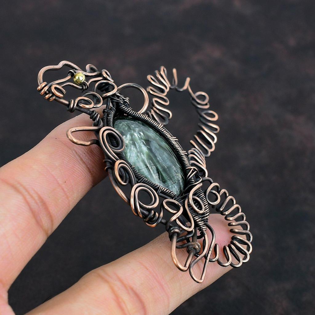 Подвеска из серафинита, обернутая медной проволокой, ювелирные изделия из драгоценного камня серафинита, чудесная подвеска в виде кролика, медные украшения ручной работы, подарки для жены