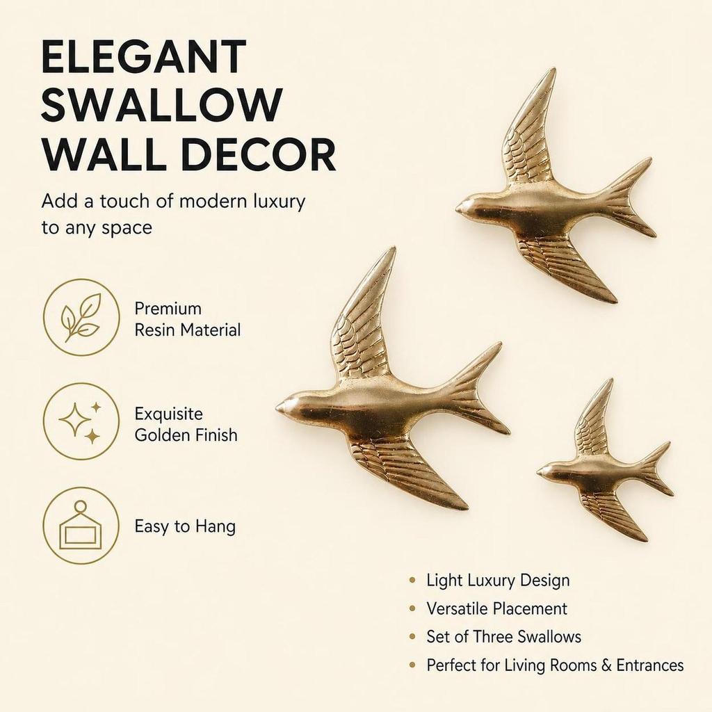 3x Swallow Wall Sculpture Decor Hanging Ornament Bird Figurine Statue for Living Room