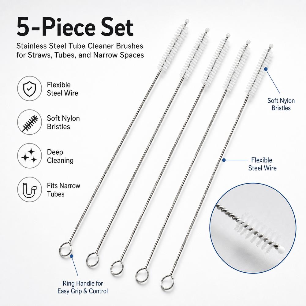 5pcs Soft Hair Tube Cleaner Brush Stainless Steel Handle Bottle Cleaning Brush For Straw Bottles