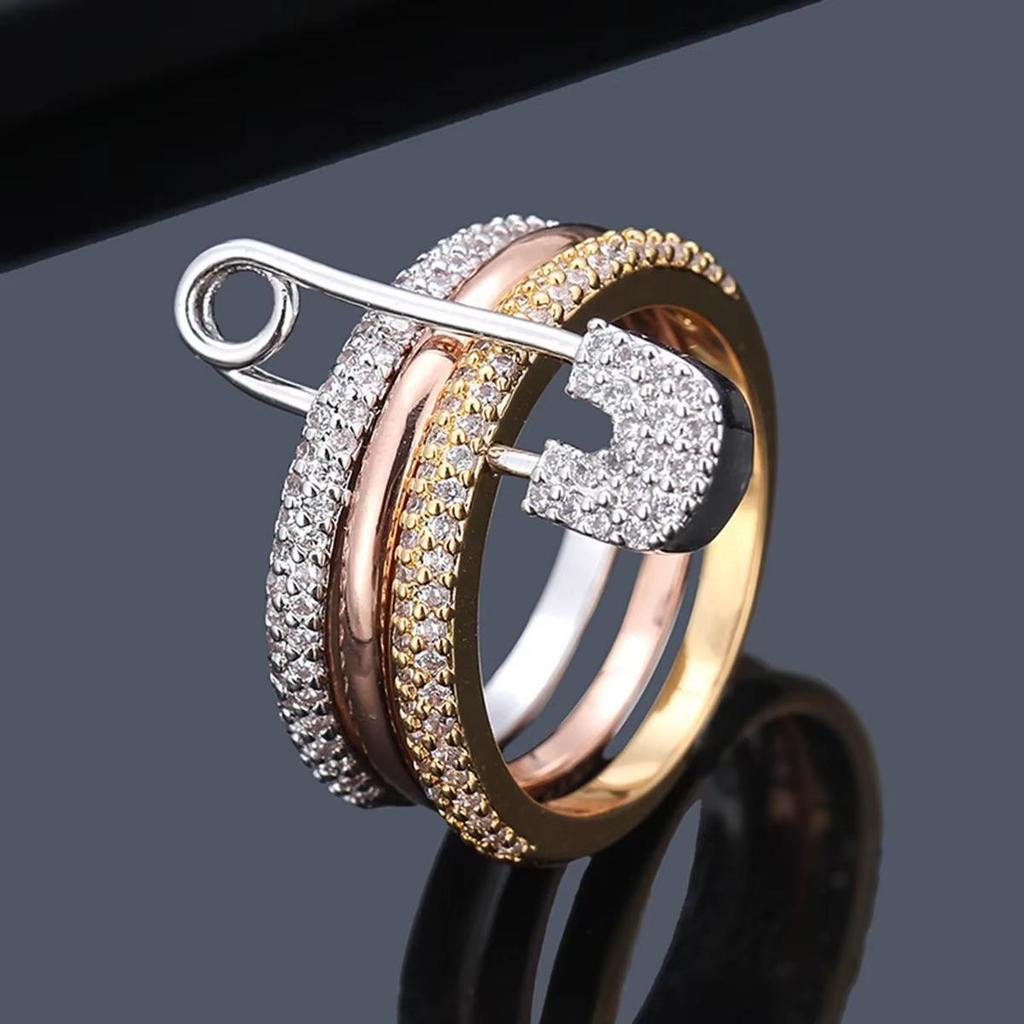 Tricolor Detachable Safety Pin Ring with Micro-set Zirconia for Women