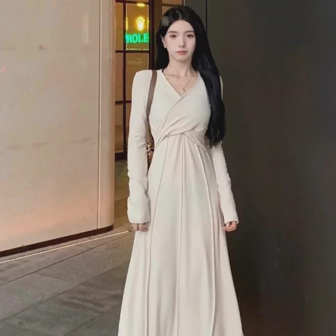 Женское трикотажное платье больших размеров с французским V-образным вырезом - осенняя утягивающая талию длинная юбка