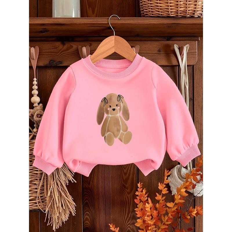 Cute Brown Puppy Print Pattern 0-3 Years Girls' Comfortable Spring Lightweight Crew Neck Sweatshirt Suitable for