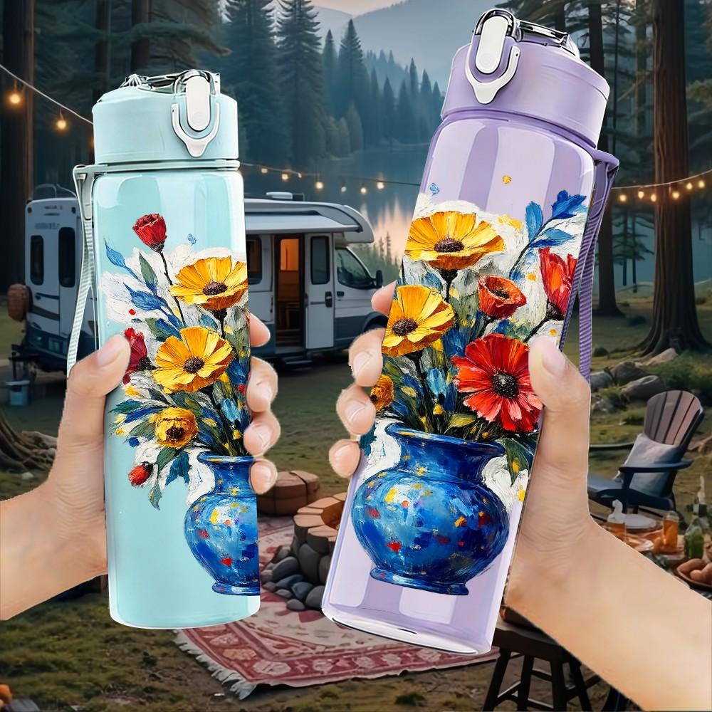 1PC Vase Bright Spring Bouquet 750ml Color Plastic Sports Water Bottle Leakproof Flip Straw Lid Suitable for Sports Office Home Use