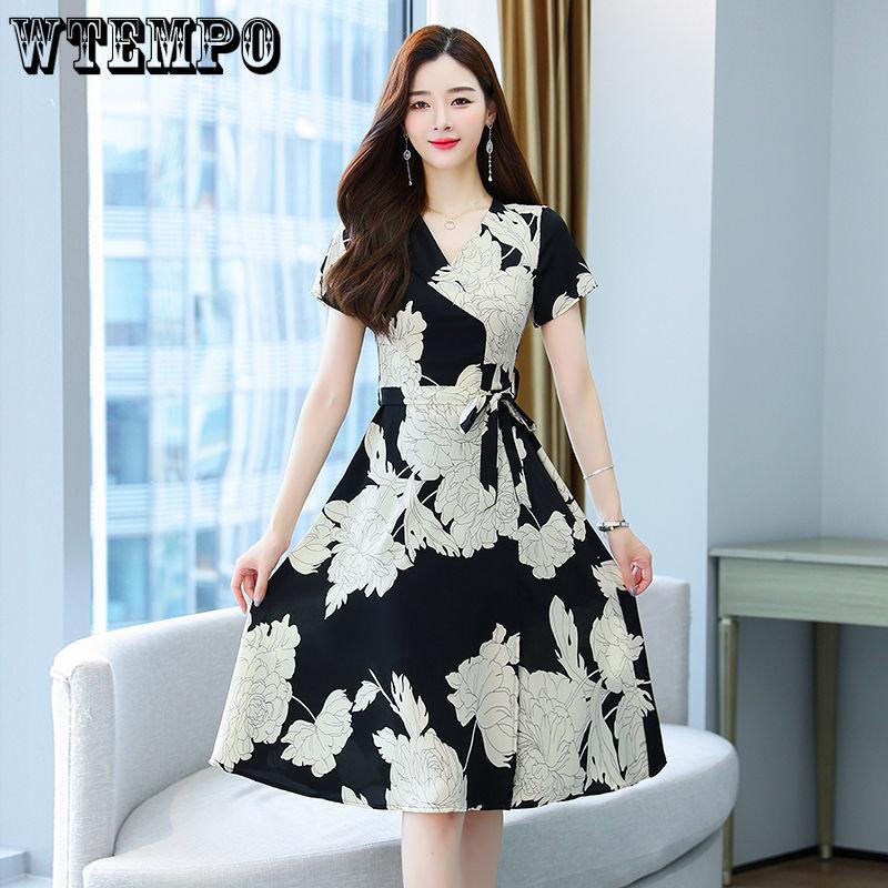 Женское элегантное платье из шифона со шнуровкой на талии, темпераментное платье средней длины с разрезом и цветочным принтом