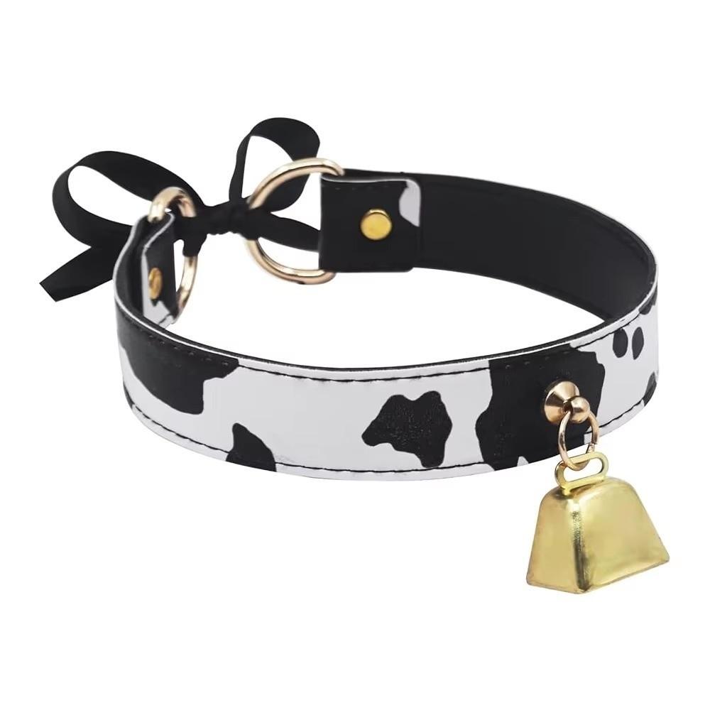 Fashion Leather Choker Cow Print Adjustable Bell Collar Bow Necklaces
