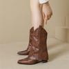 Модные женские ковбойские сапоги в западном стиле, модные женские элегантные сапоги до колена на квадратном каблуке, ботинки челси, женская зимняя обувь