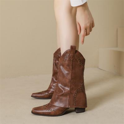 Модные женские ковбойские сапоги в западном стиле, модные женские элегантные сапоги до колена на квадратном каблуке, ботинки челси, женская зимняя обувь