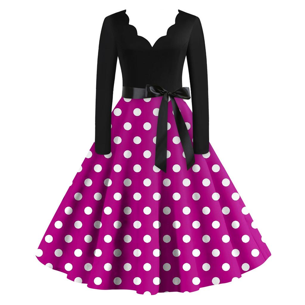 Женское повседневное модное платье с V-образным вырезом и длинными рукавами в стиле ретро с принтом в горошек