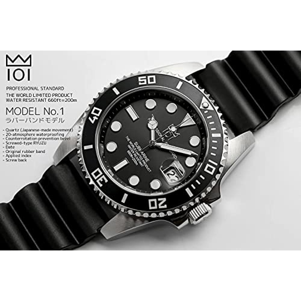 [HYAKUICHI 101] Часы для дайвинга с дисплеем даты, водонепроницаемые до 20 АТМ, HYAKU1-001 (Серебристо-черный каучук)