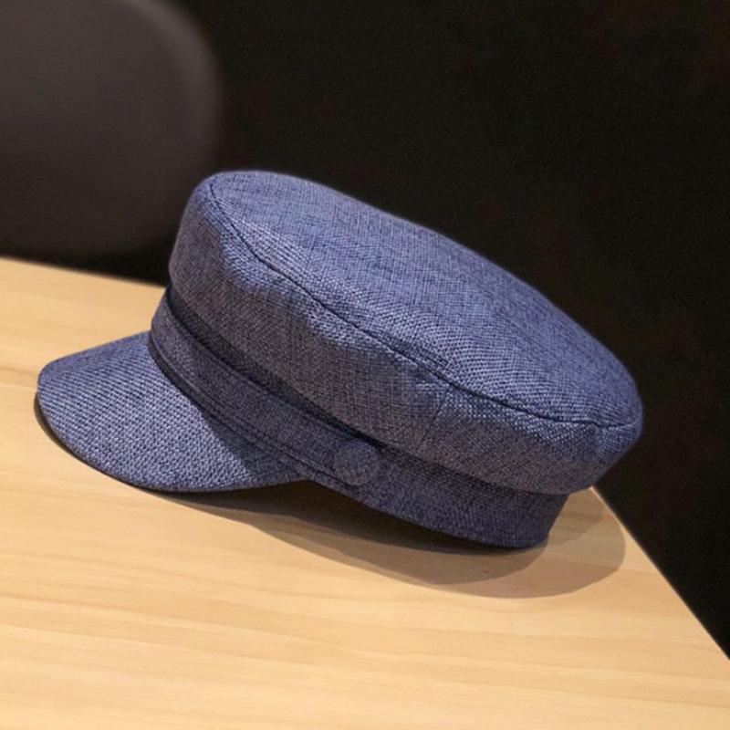 Navy Linen Octagonal Cap: New Style Peaked Military Hat for Women