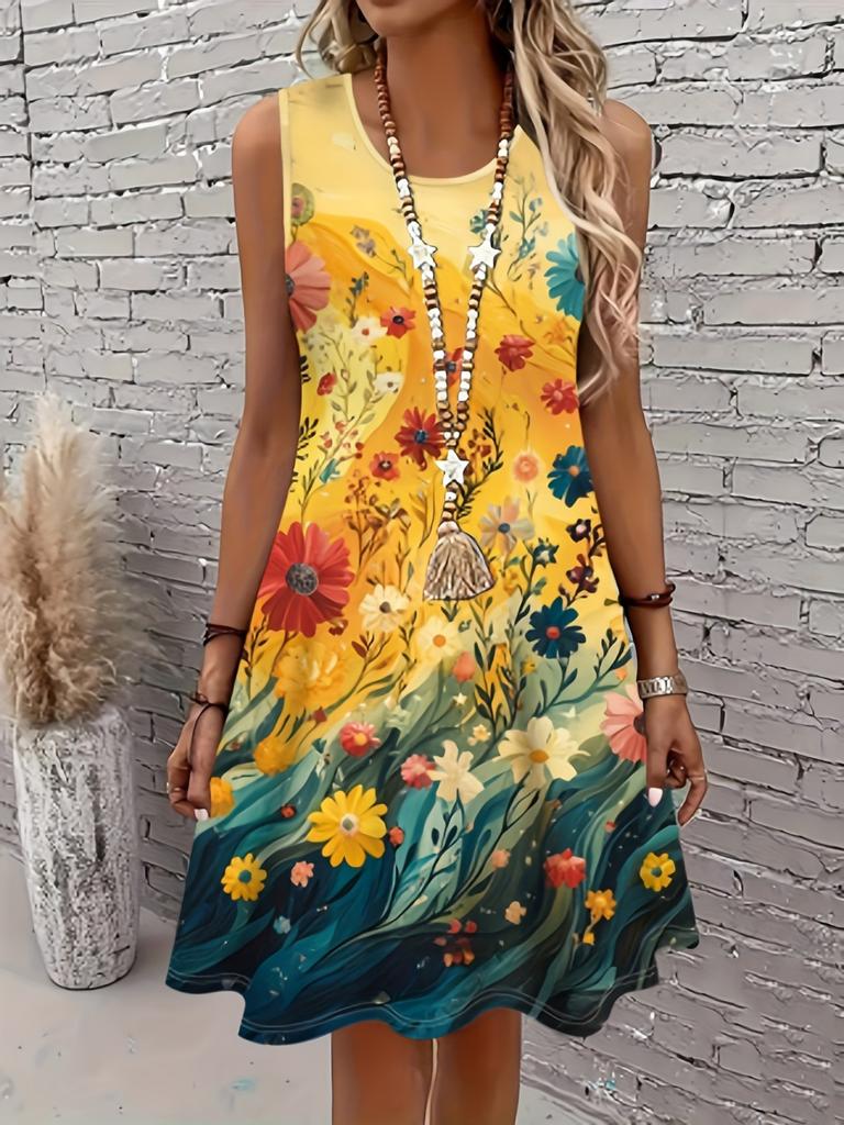 Women's Plus Size Floral Print Sleeveless A-Line Dress Vibrant Yellow To Blue Gradient Design Tank Dress Female Clothing Y2k Top