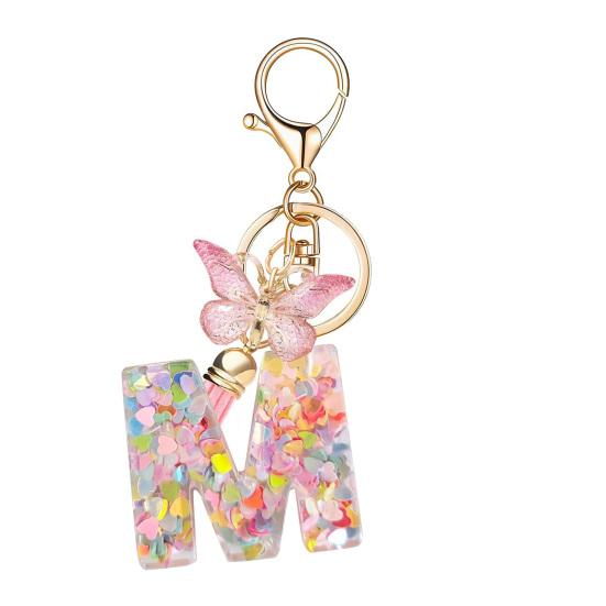 Epoxy Resin English Alphabet Keychain Heart-Shaped Sequins Butterflies Tassel Alphabet Keyring Initial Lettering Key Chain Mug Accessory