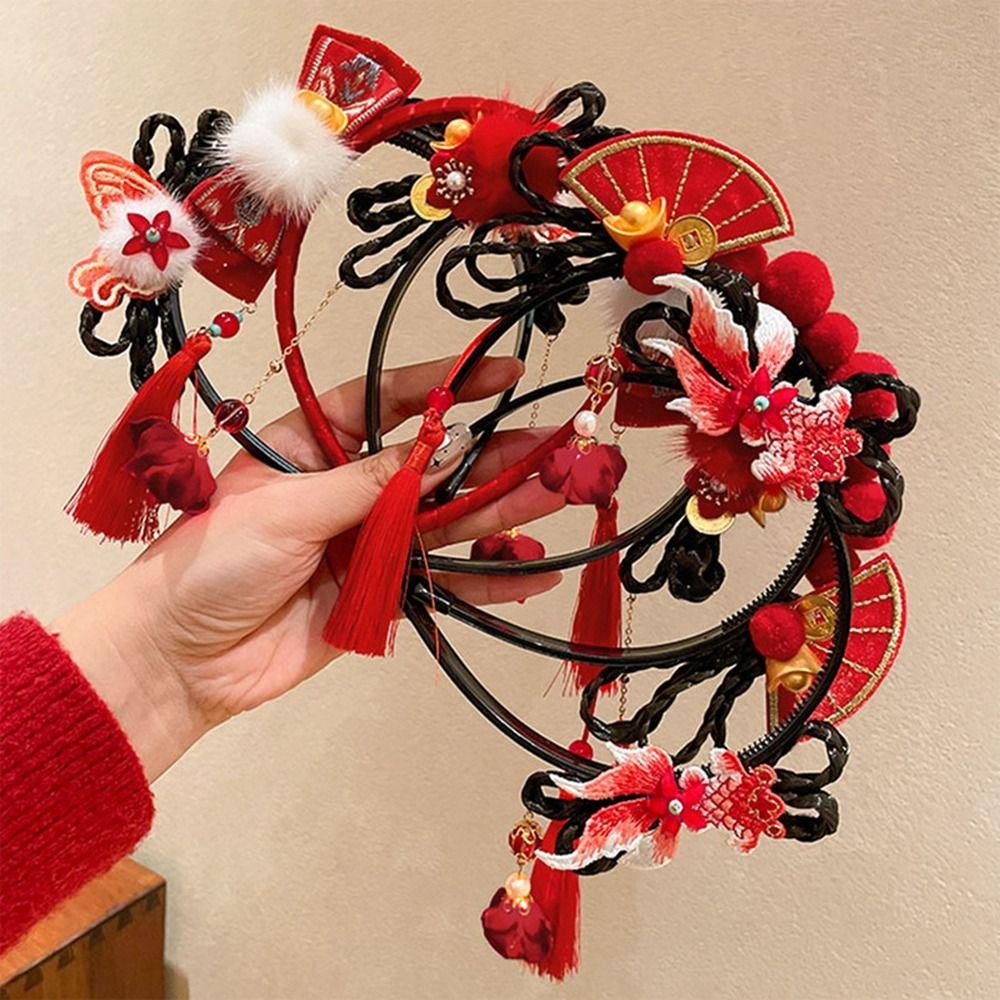 Головной убор с кисточками, китайский новогодний головной убор, косичка для волос, палочки для волос Hanfu, детский парик, повязка на голову, дети